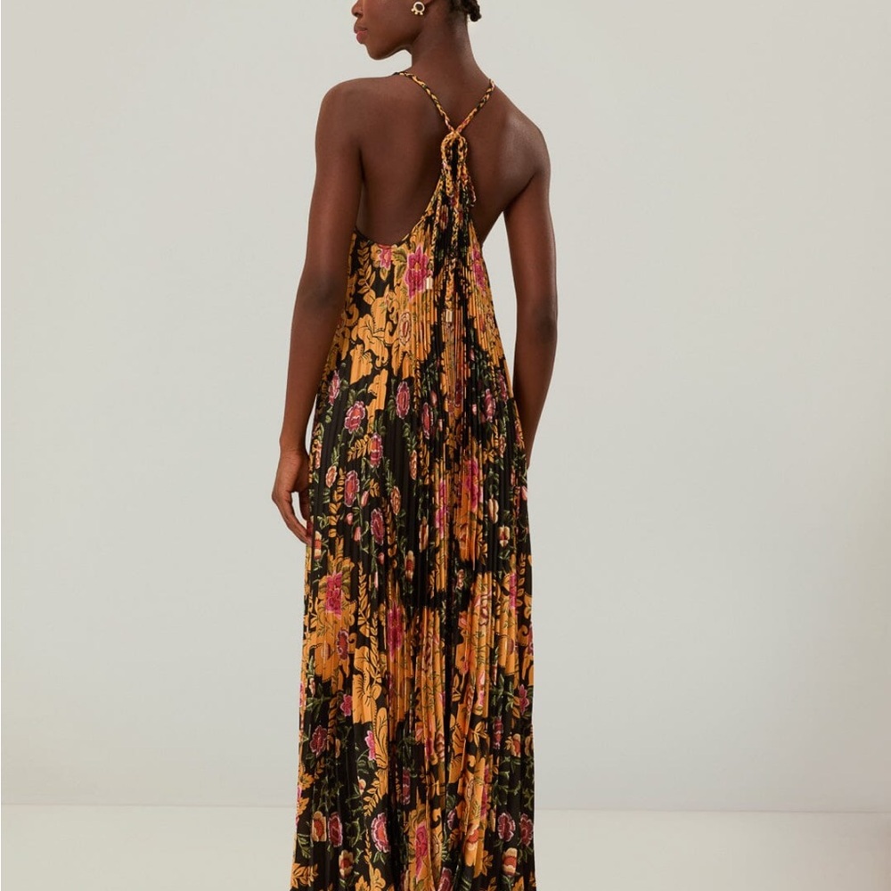 Pre-owned Farm Rio Floral Black Arabesque Floral Pleated Midi Dress - Picture 5 of 14